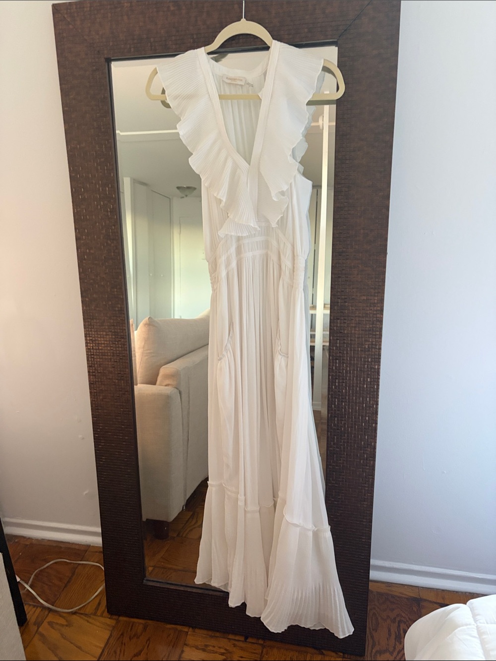 Ramy Brook White Pleated Ruffle V-Neck Maxi Dress - Picture 1 of 5
